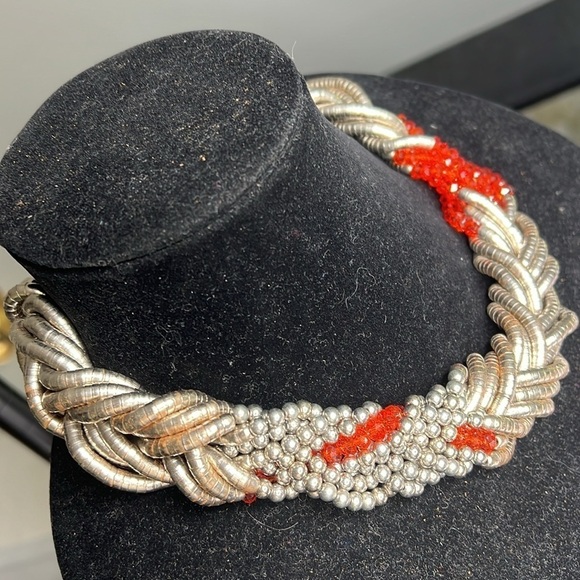 Silver Braid and Orange Crystal Beaded Braided 18” Necklace - Adjustable - Picture 4 of 4